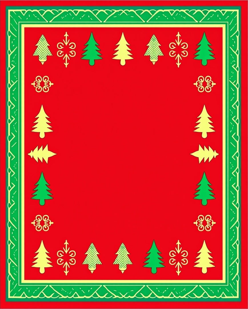 Festive Red Green Christmas Tree Border Rug