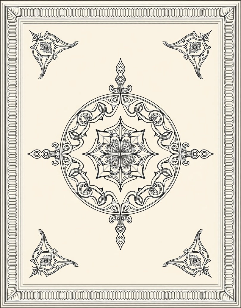 Ornate Ivory Floral Medallion Frame Rug