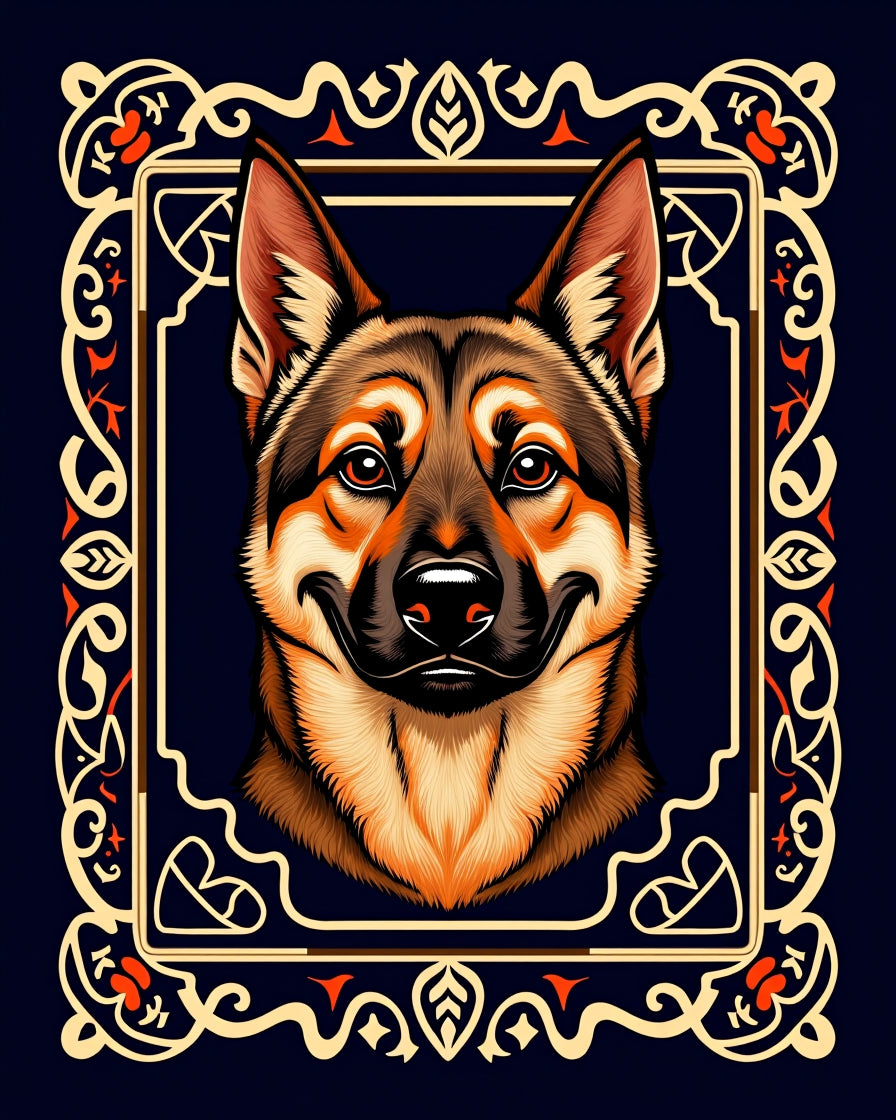 German Shepherd Portrait Ornate Frame Rug