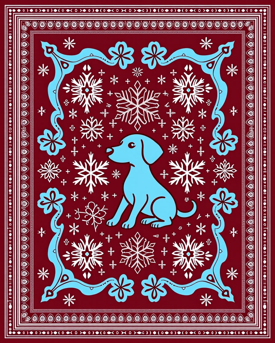 Blue Dog Snowflakes Crimson Border Rug