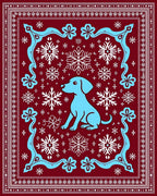 Blue Dog Snowflakes Crimson Border Rug