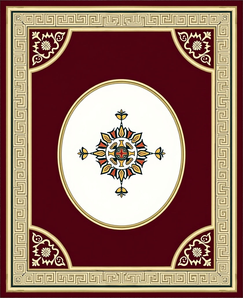 Crimson Bordered Floral Medallion Oval Rug