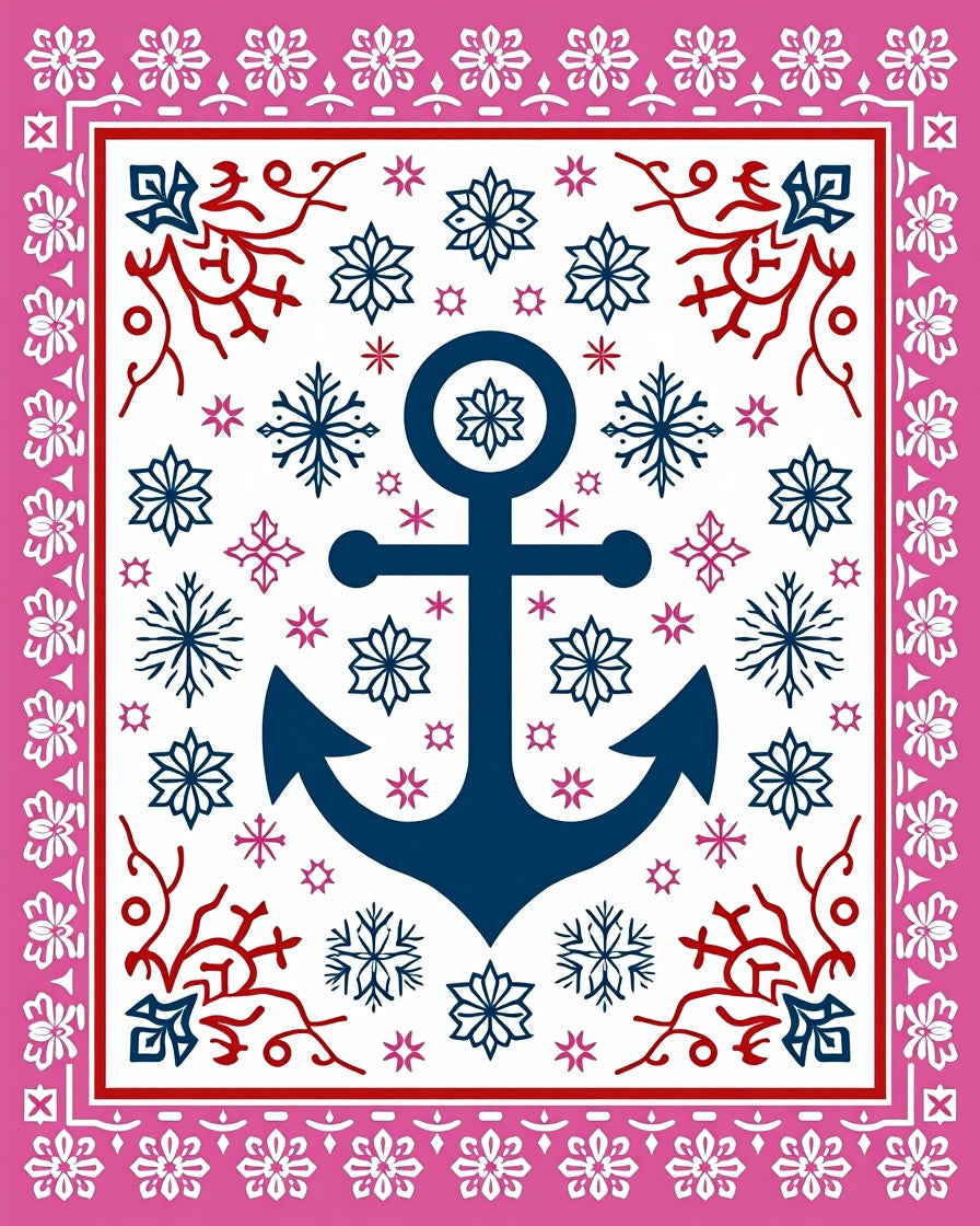 Navy Anchor Pink Floral Border Rug