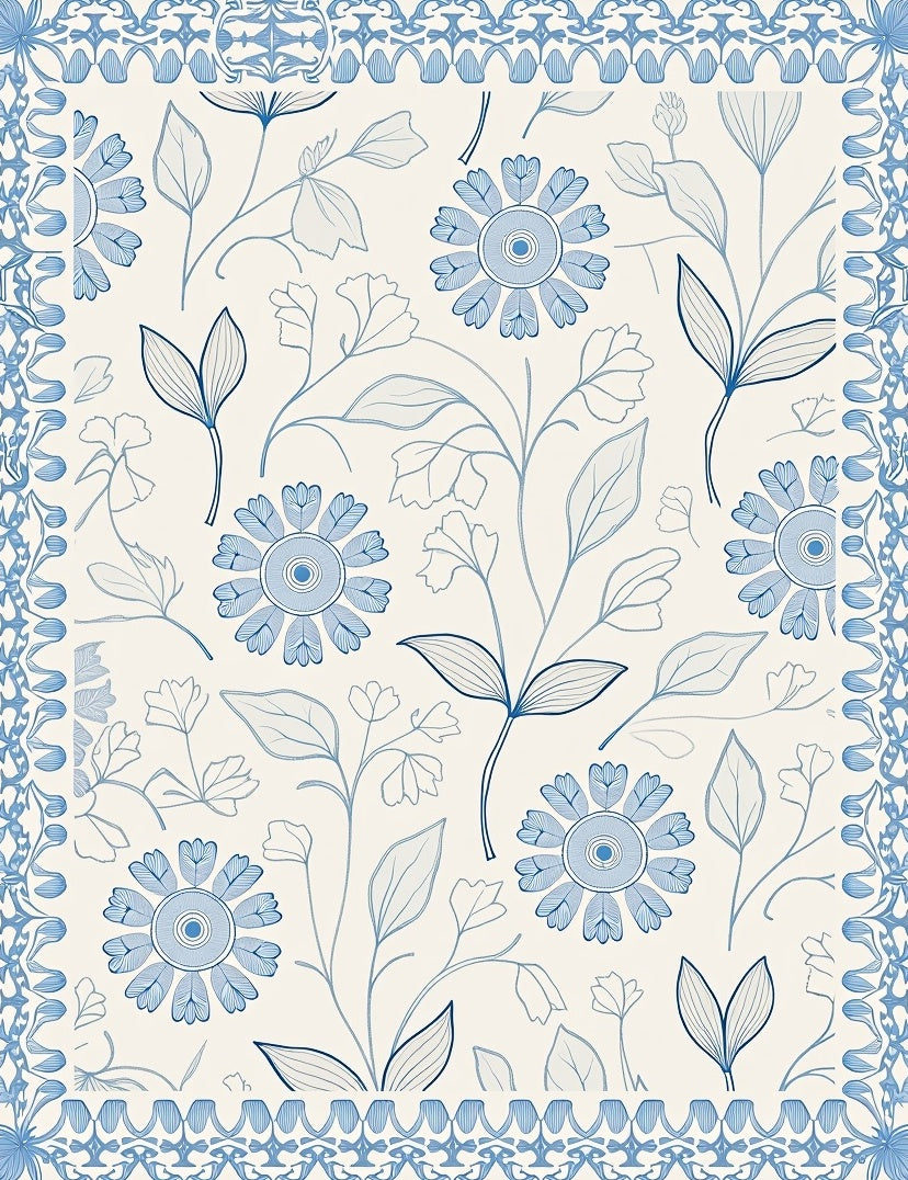 Classic Blue Floral Garden Motif Rug