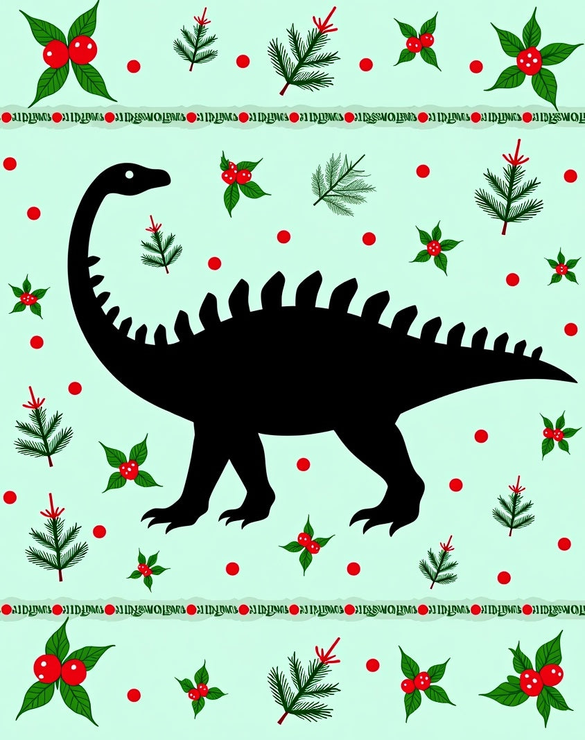 Black Dinosaur Holly Christmas Scene Rug