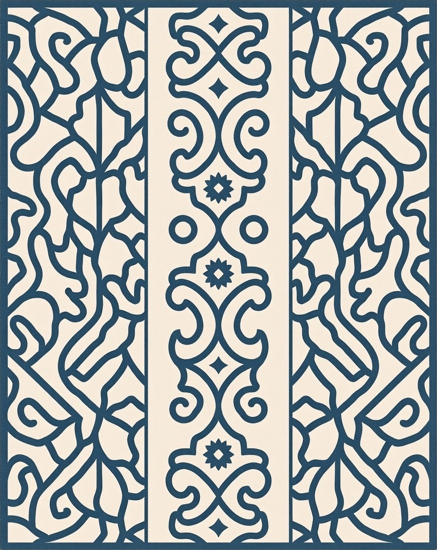 Deep Blue Filigree Scrollwork Panel Rug