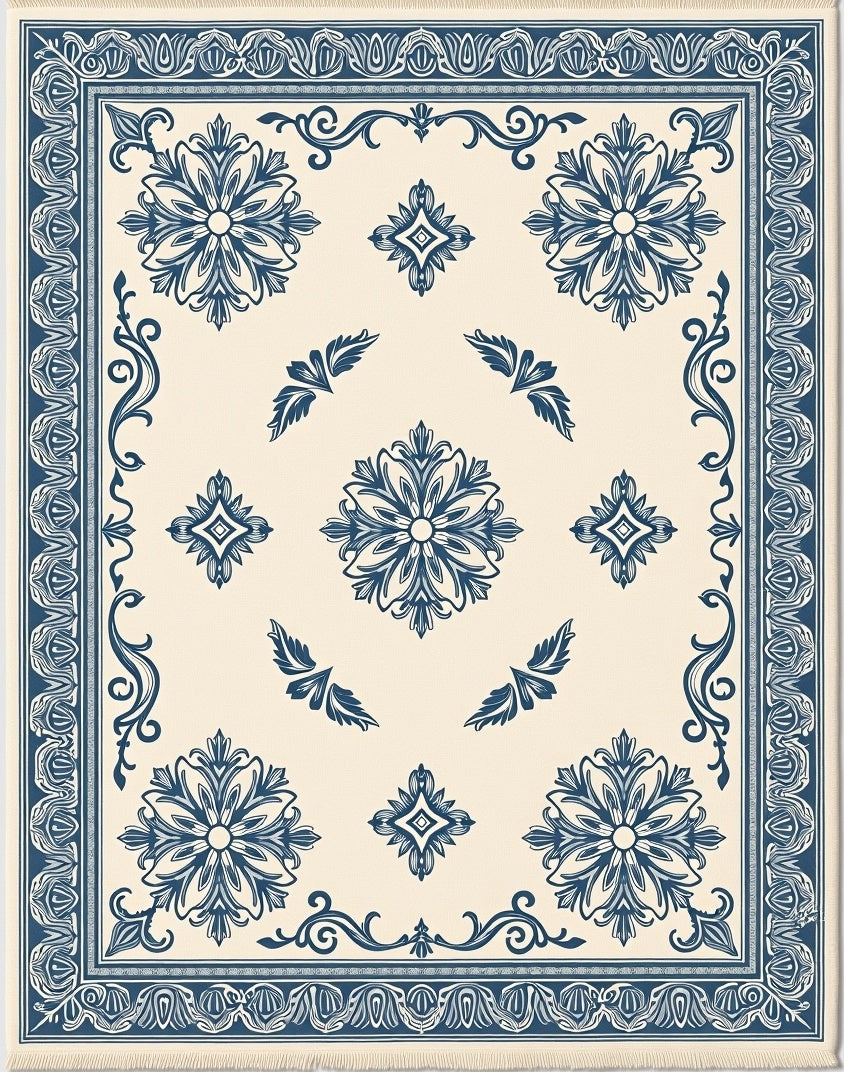Cream and Navy Floral Medallion Rug