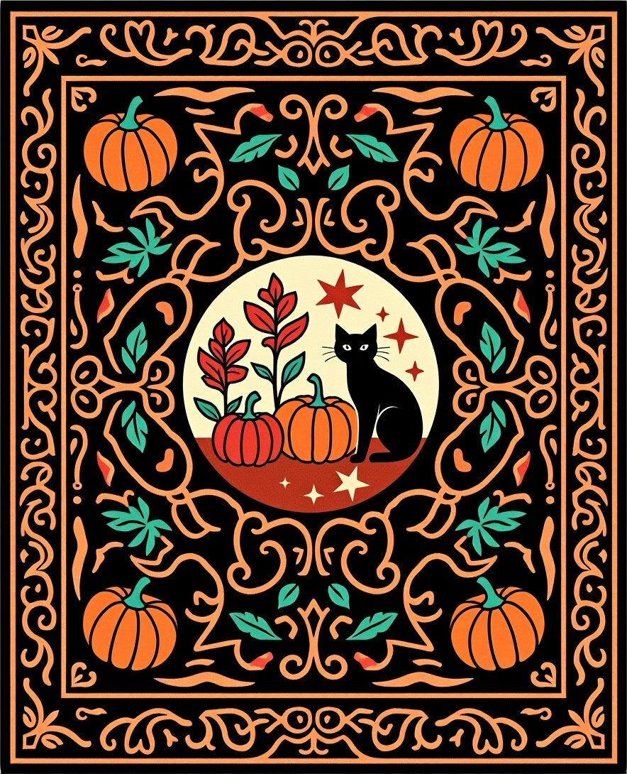 Black Cat Orange Pumpkin Halloween Scene Rug
