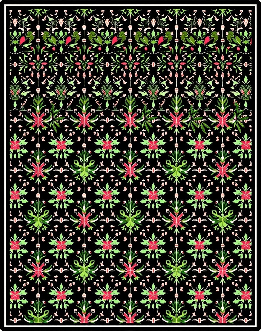Green Floral Medallion Black Background Rug