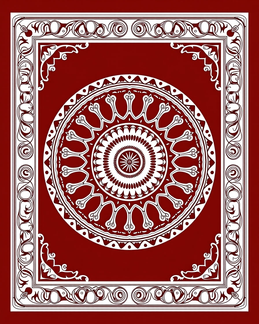 Crimson White Mandala Frame Rug