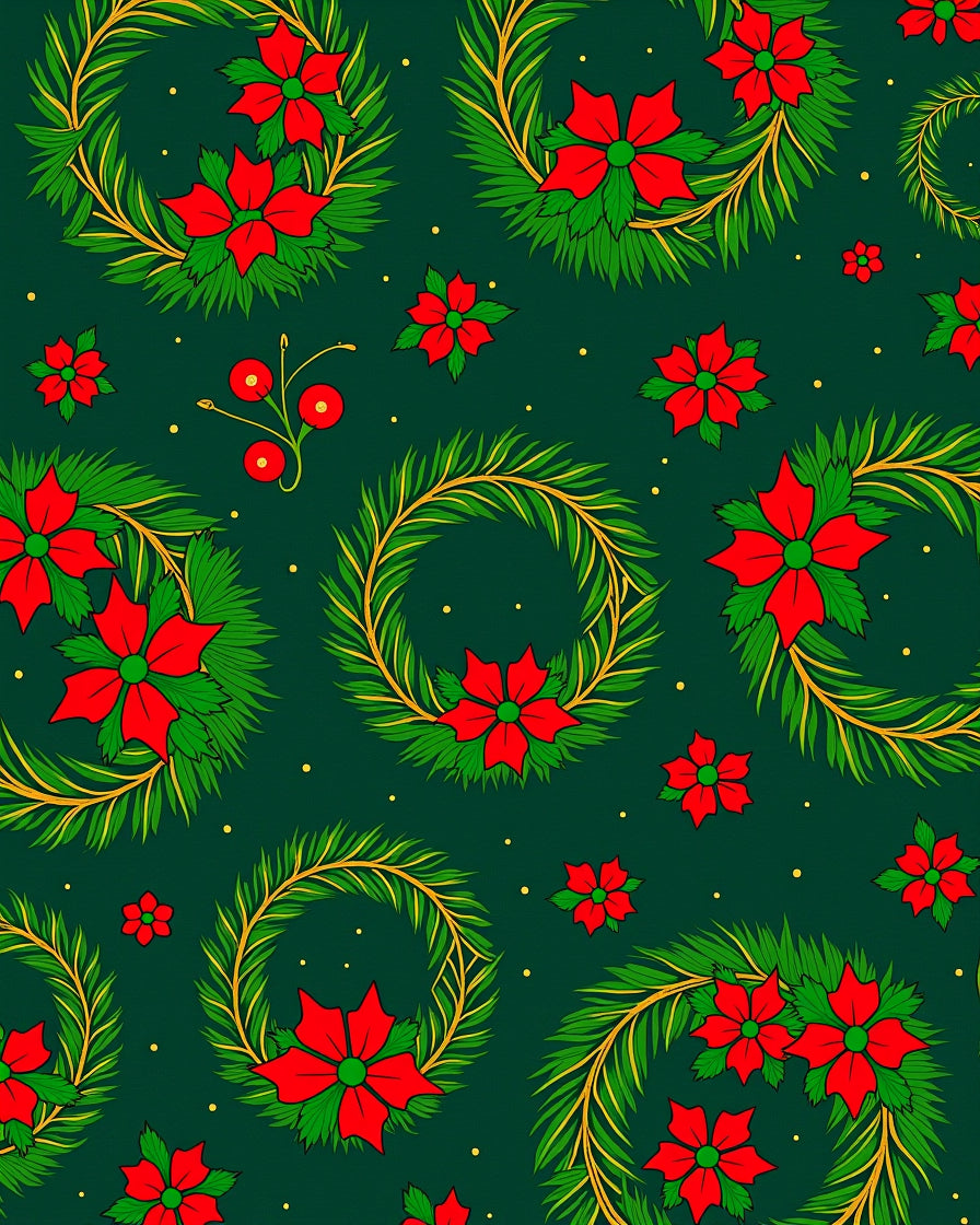 Green Wreaths Red Flowers Gold Accents Rug