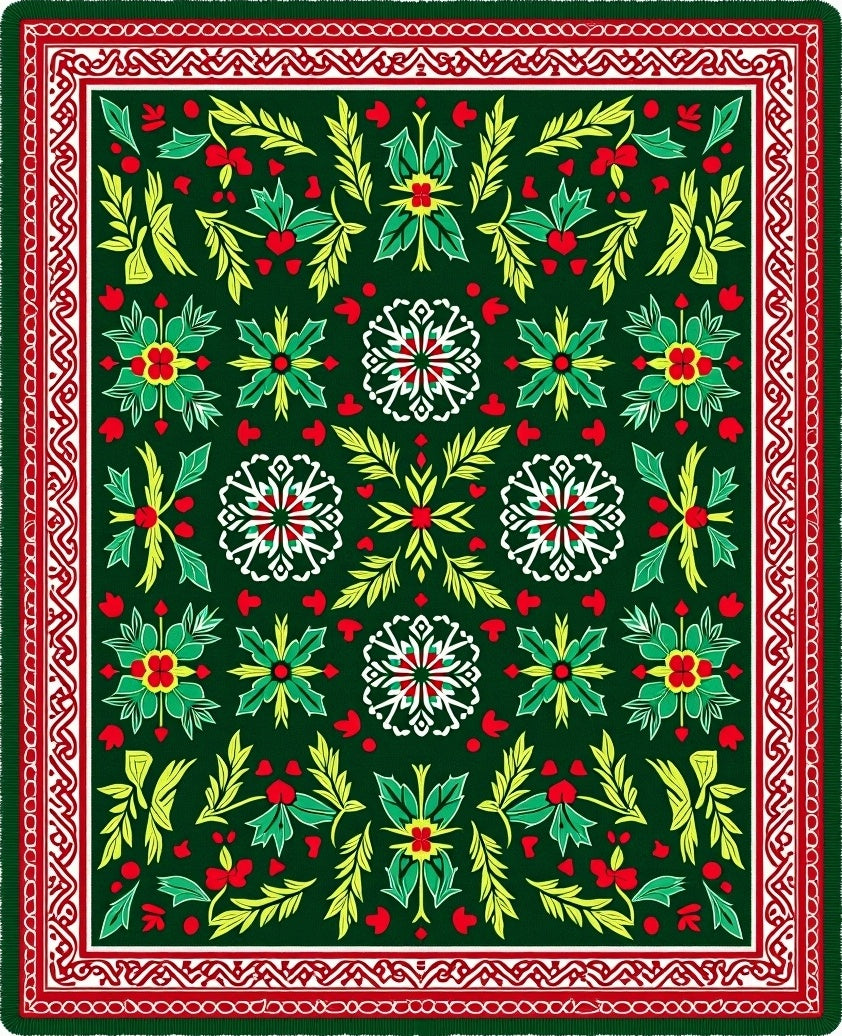 Emerald Green Red Floral Medallion Border Rug