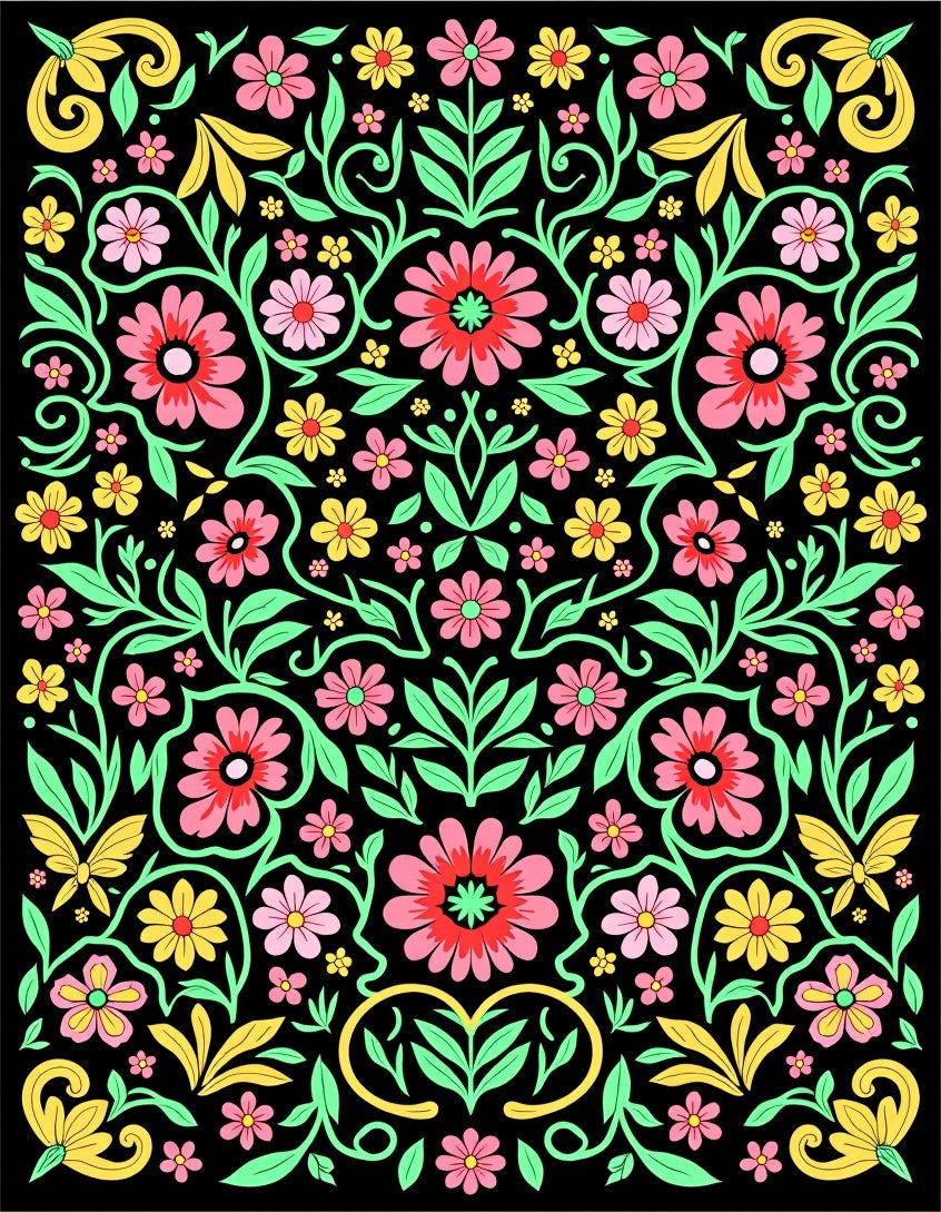 Vibrant Pink Yellow Black Floral Scroll Rug