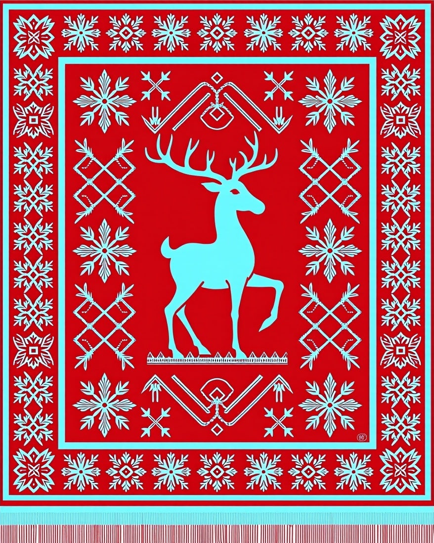 Crimson Sky Blue Reindeer Snowflake Borders Rug