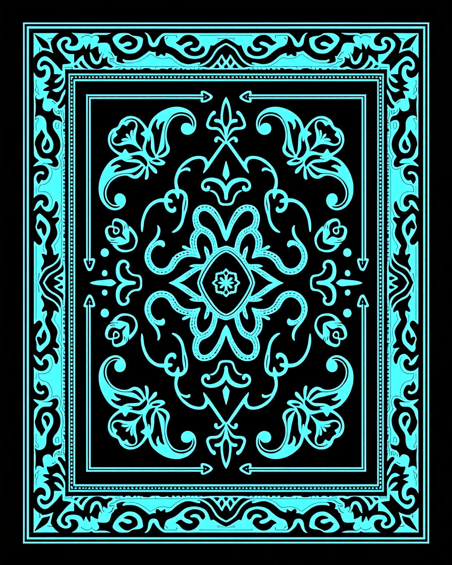 Aqua Black Ornate Floral Frame Rug
