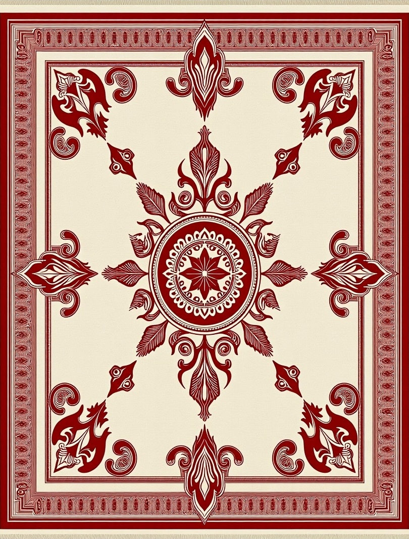 Crimson Floral Medallion on Cream Rug