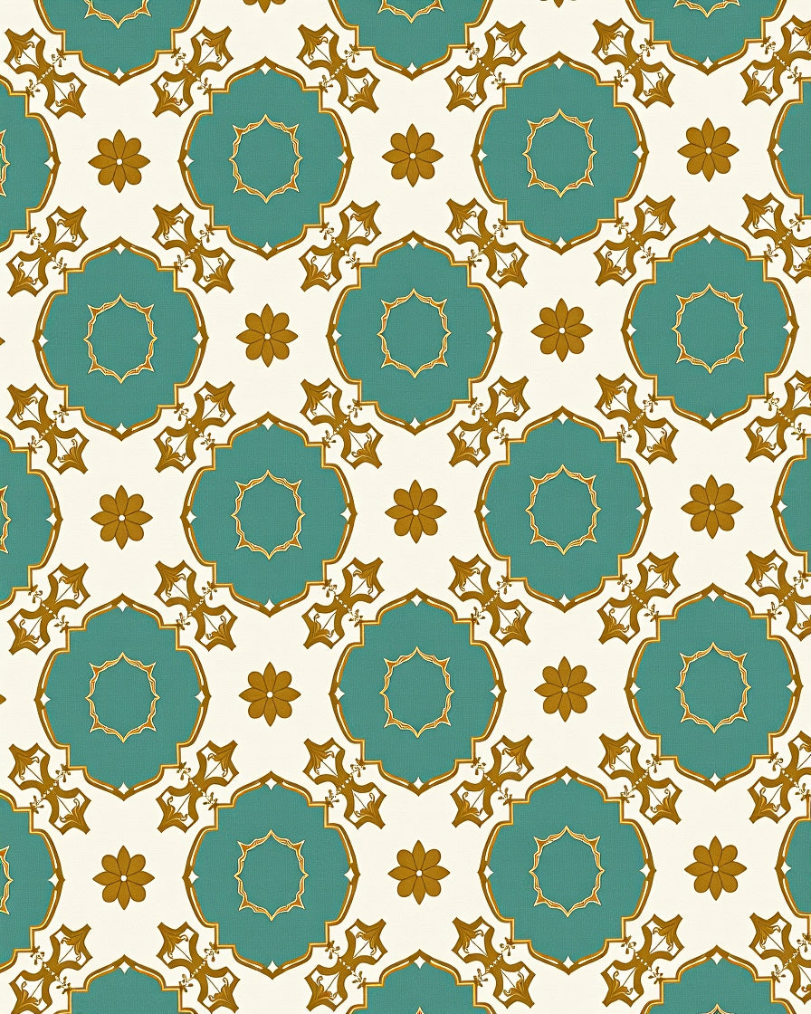 Teal Gold Floral Quatrefoil Medallion Rug