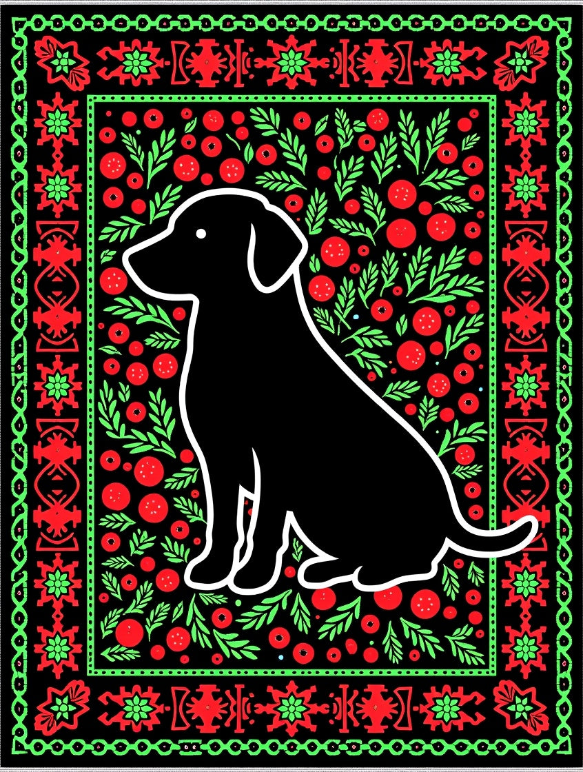 Black Sitting Dog Floral Garden Rug