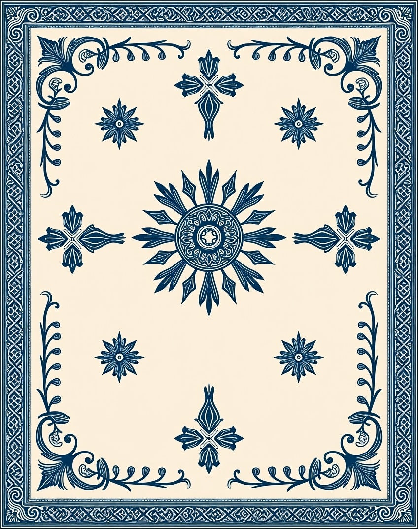 Deep Blue Sun Medallion Floral Border Rug