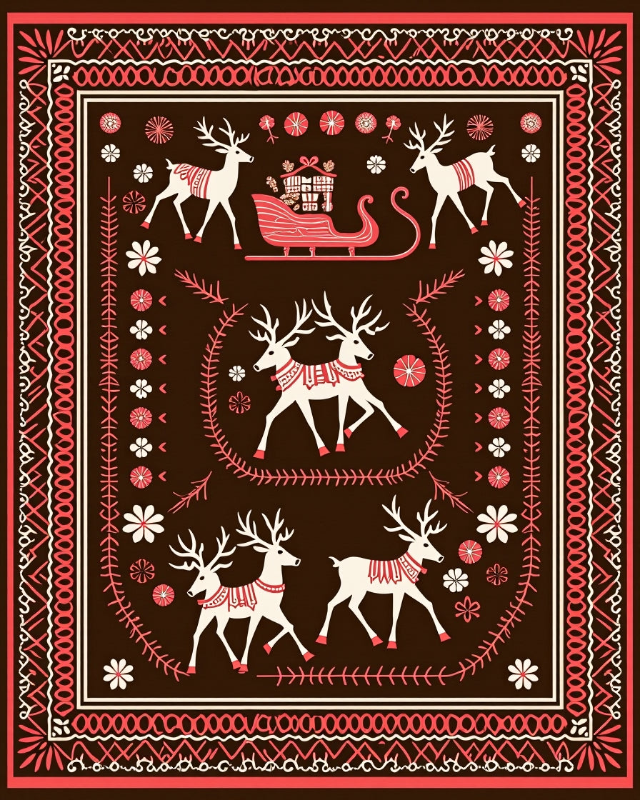 Brown Red Festive Reindeer Sleigh Scene Rug