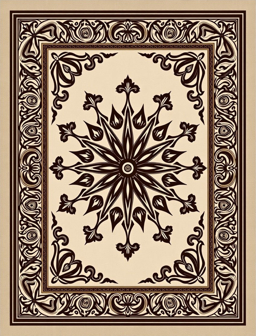 Ornate Brown Floral Starburst Border Rug