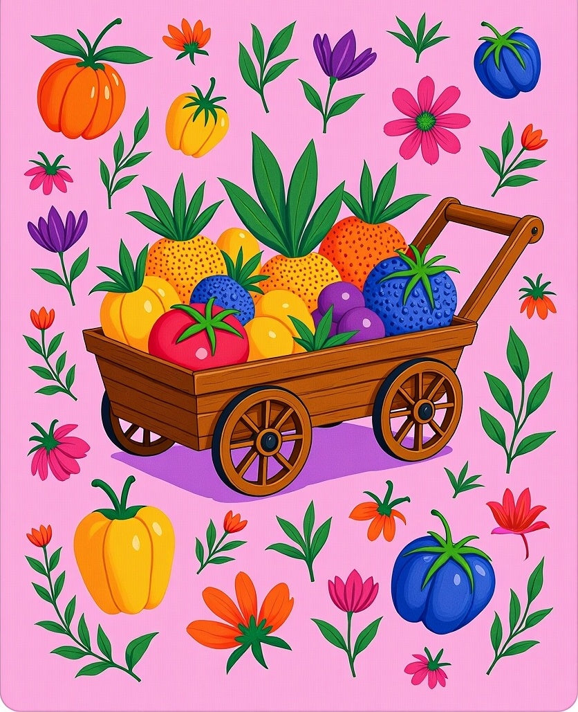 Farmhouse Cart Colorful Fruit Floral Medallion Rug