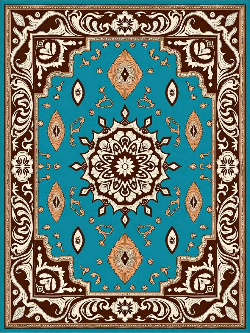 Teal Brown White Floral Medallion Rug
