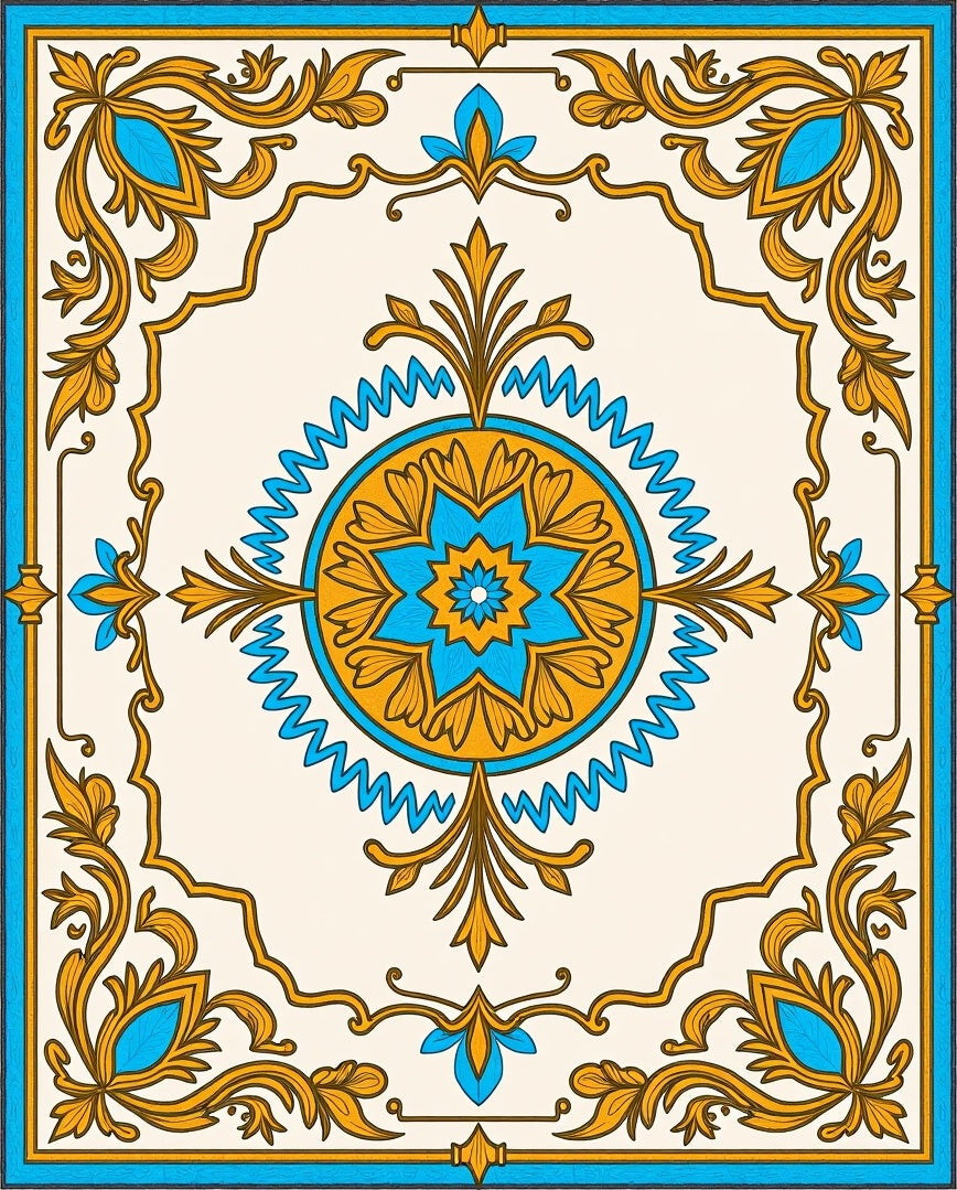Ornate Blue and Gold Floral Medallion Rug