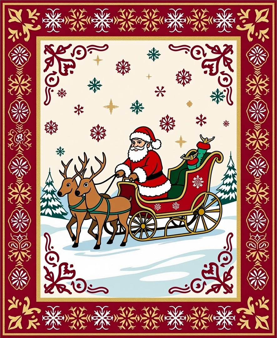 Festive Santa Sleigh Snowflakes Border Rug