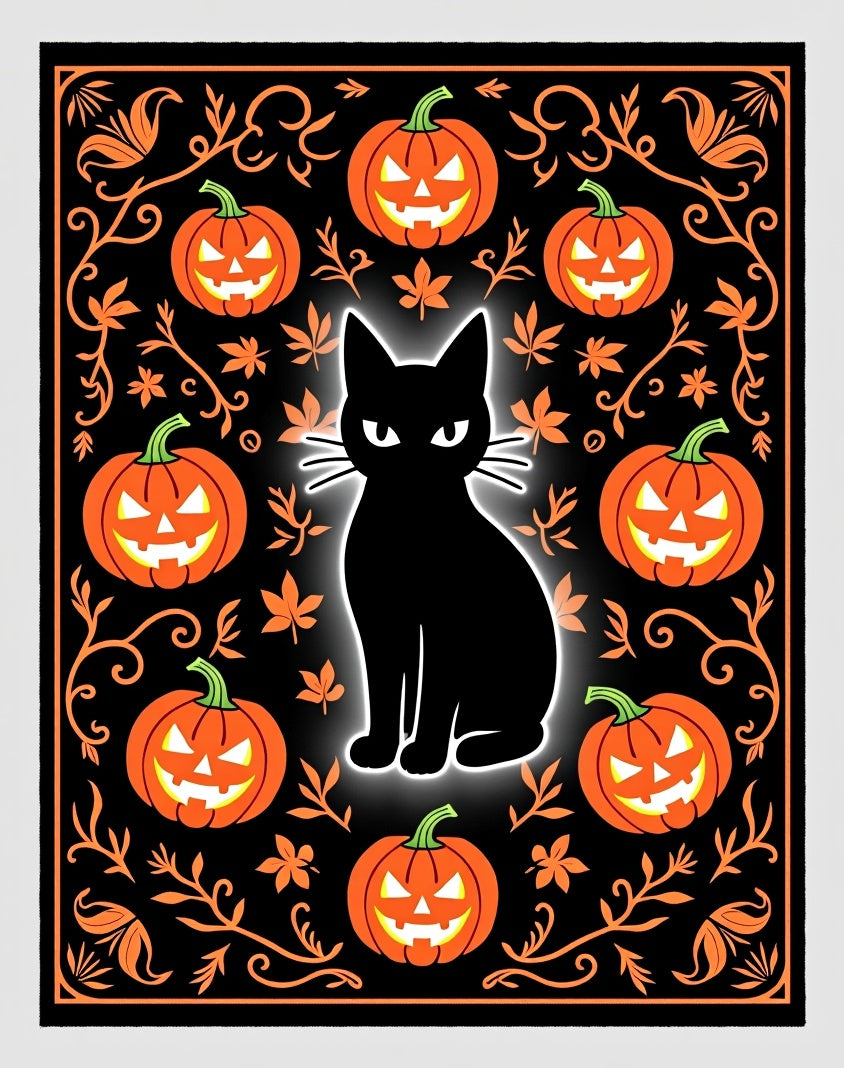 Black Cat Halloween Pumpkin Garland Rug