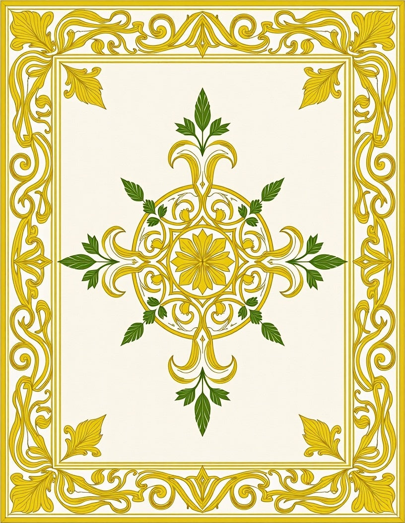 Ornate Yellow Golden Floral Medallion Border Rug