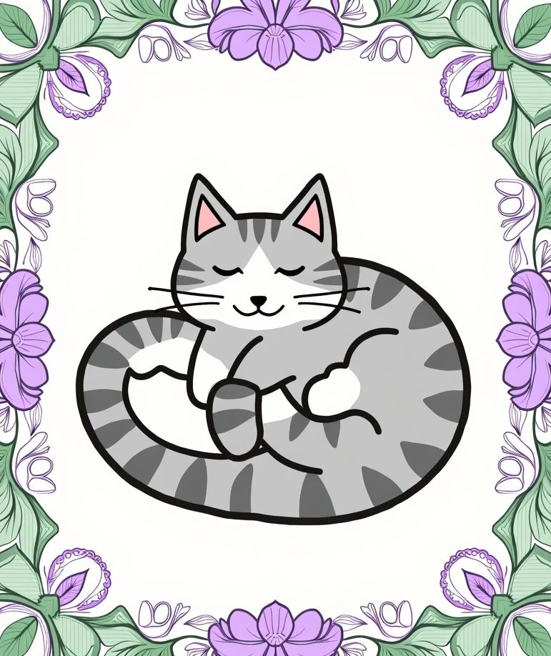 Sleeping Tabby Cat Floral Border Rug