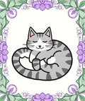 Sleeping Tabby Cat Floral Border Rug