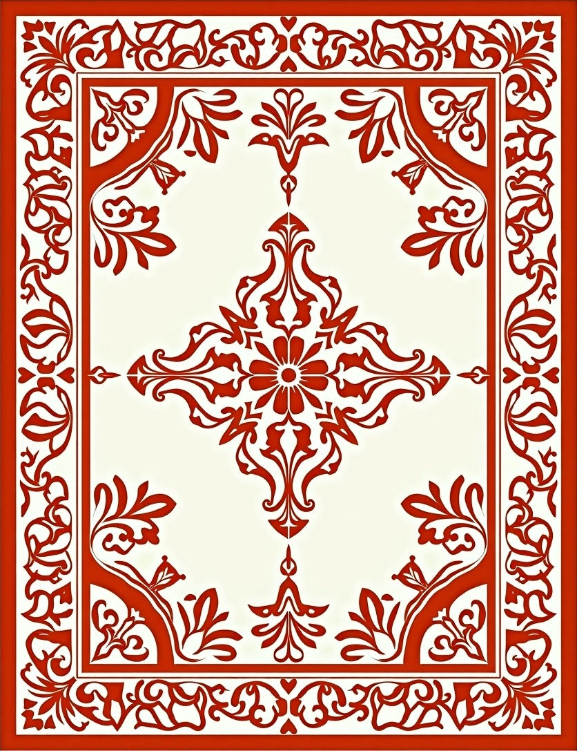 Ornate Red Scrollwork Center Square Rug