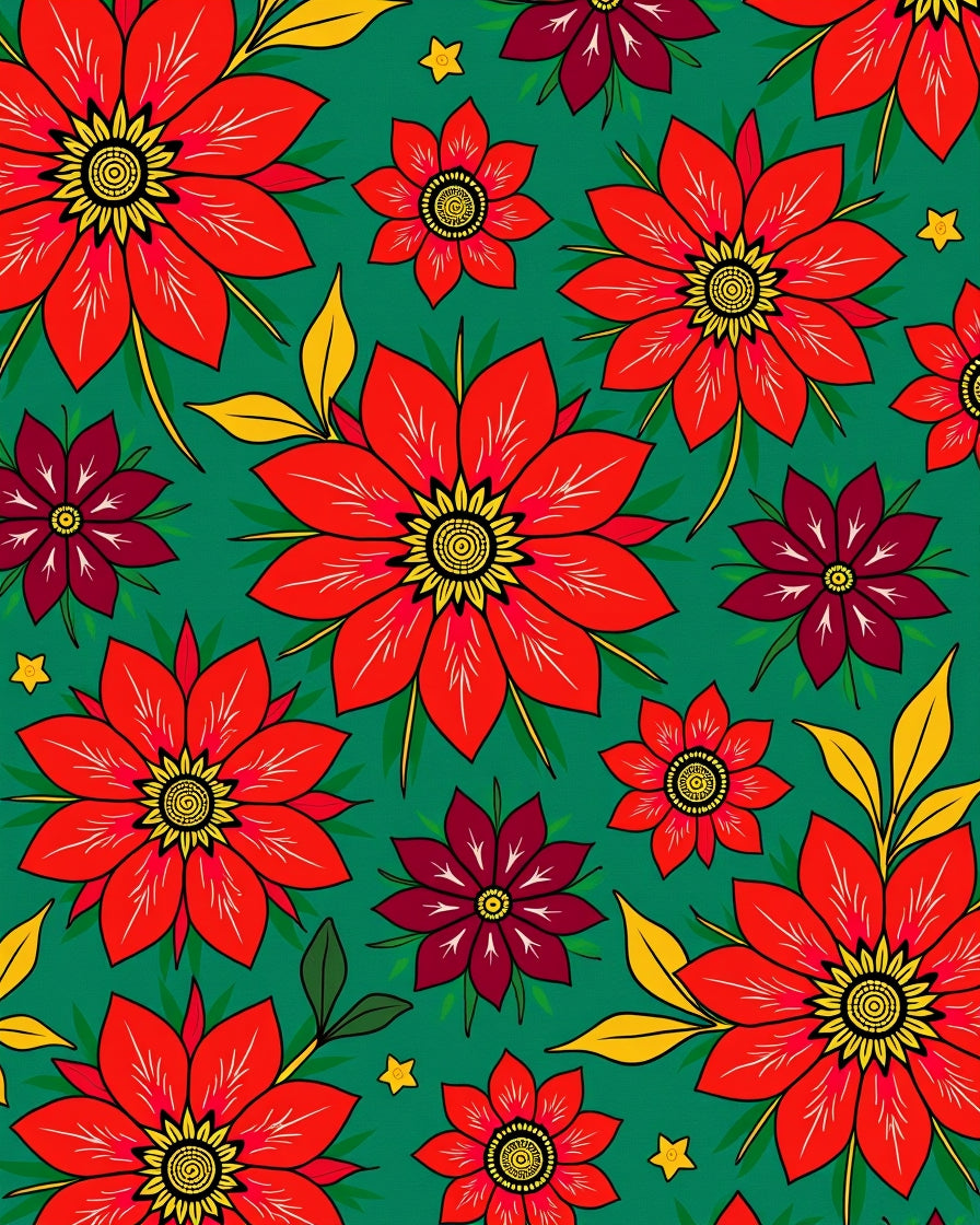 Vibrant Red Floral Explosion Emerald Background Rug