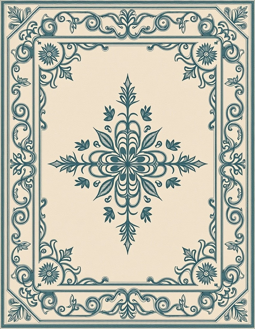 Elegant Teal Floral Scroll Frame Rug