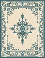 Elegant Teal Floral Scroll Frame Rug