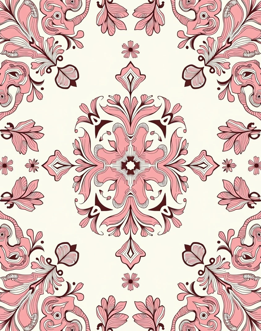 Baroque Pink Floral Swirl Illustration Rug