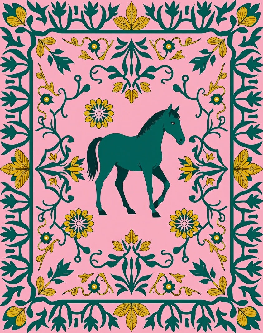 Teal Horse Pink Floral Vine Rug