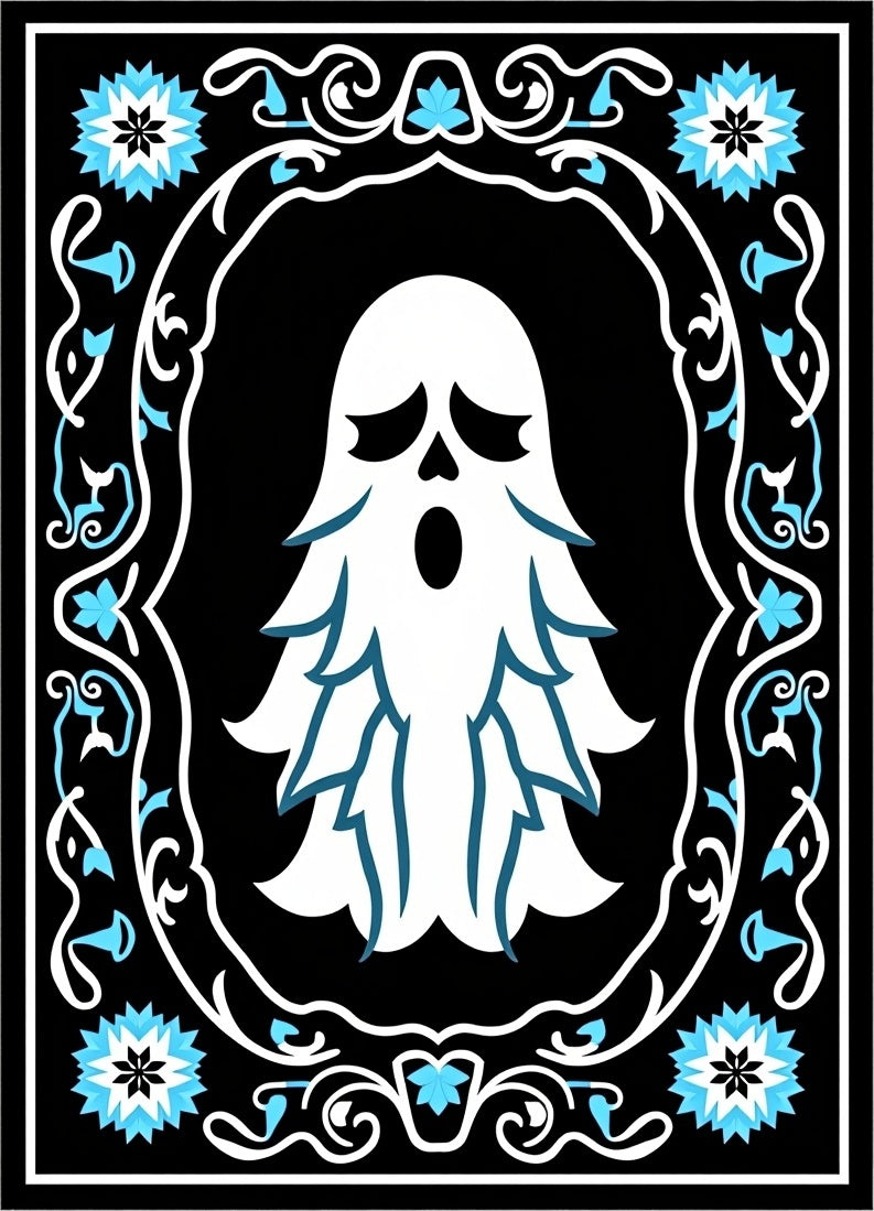 Whimsical Blue Ghost Floral Border Rug