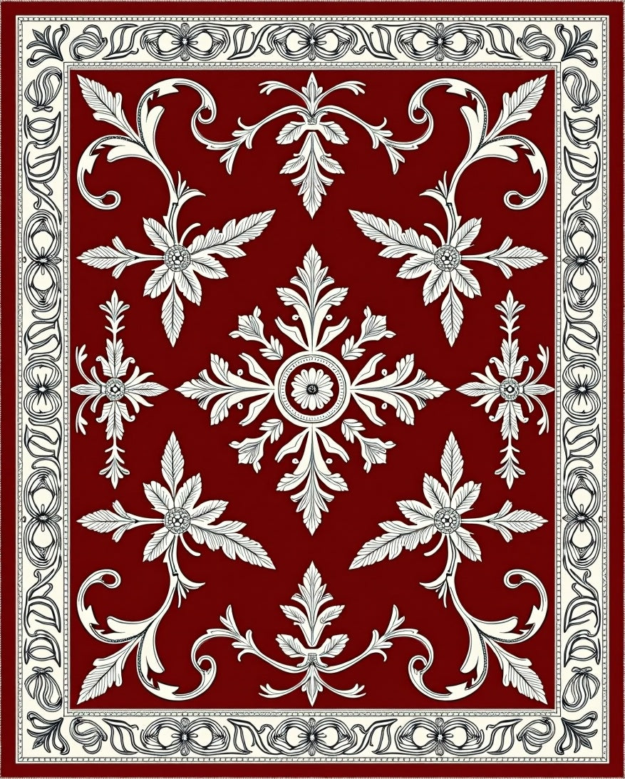 Elegant Deep Red Floral Medallion Rug