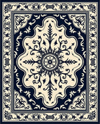Ornate Navy Cream Medallion Artwork Rug