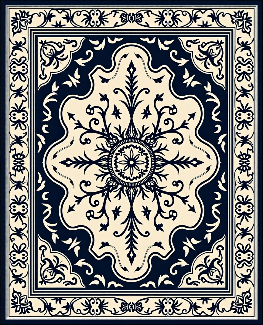 Ornate Navy Cream Medallion Artwork Rug