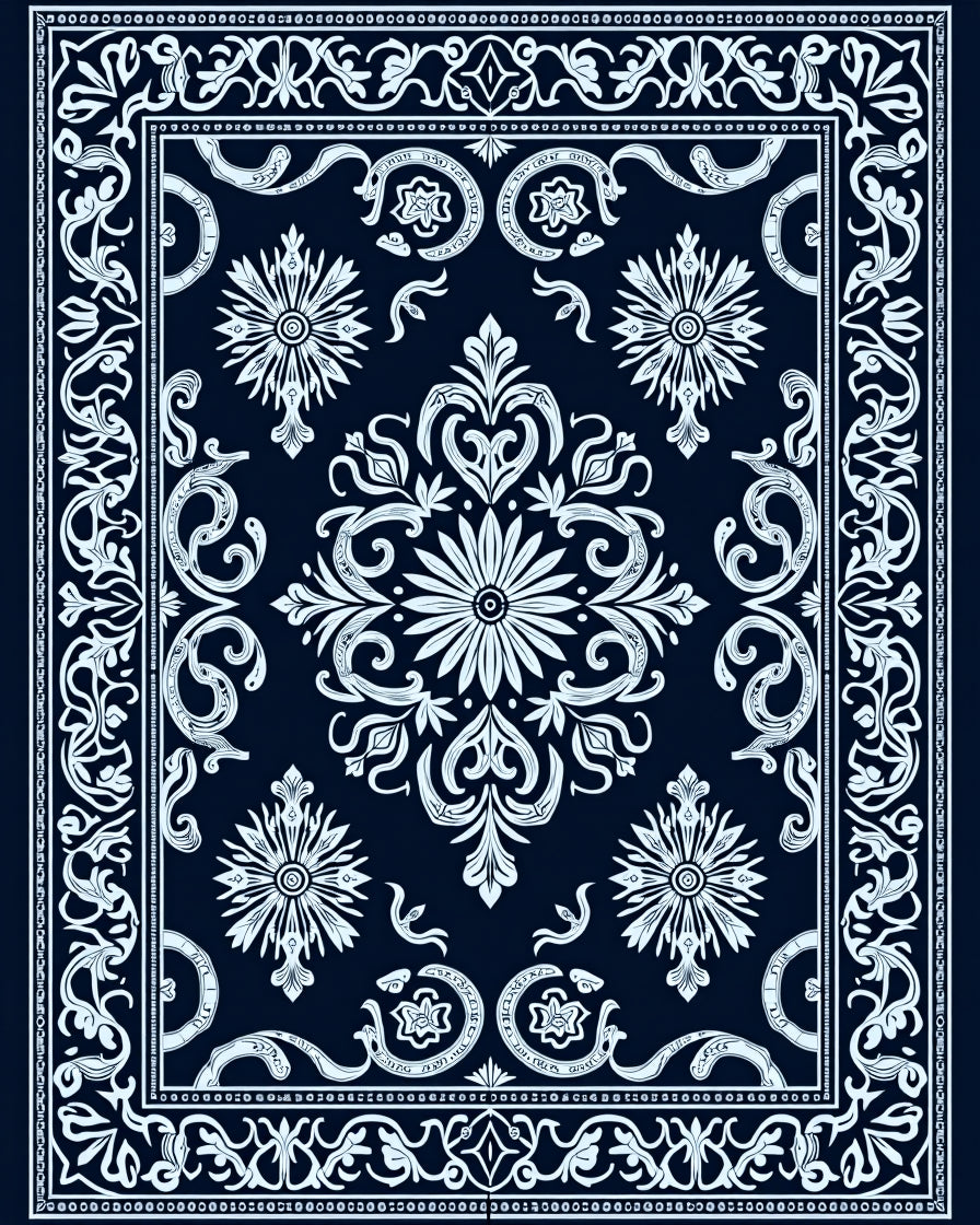 Navy Blue Floral Medallion Damask Rug