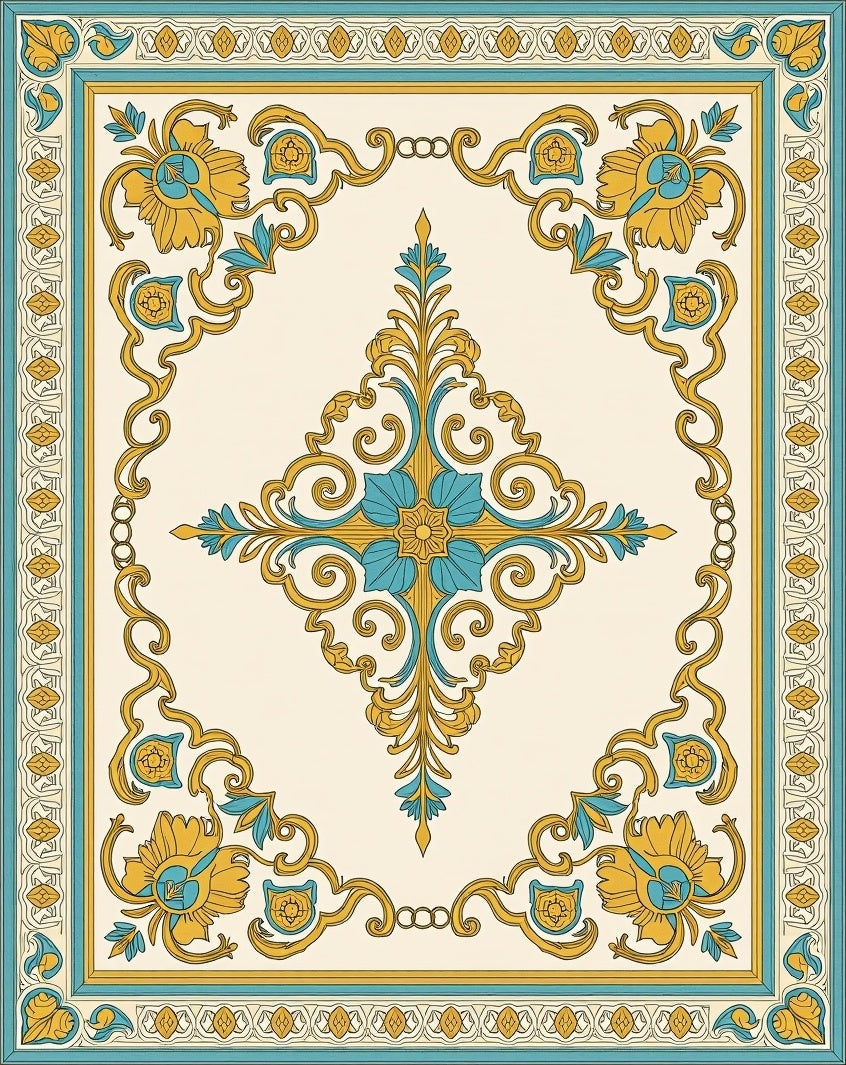 Golden Teal Floral Medallion Border Rug