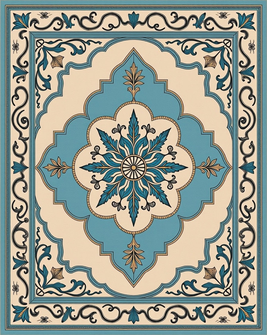 Aqua Blue Floral Medallion Cream Border Rug