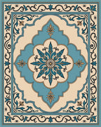Aqua Blue Floral Medallion Cream Border Rug