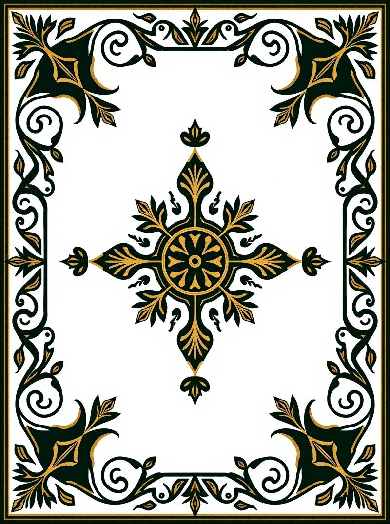 Elaborate Black Gold Scroll Medallion Rug