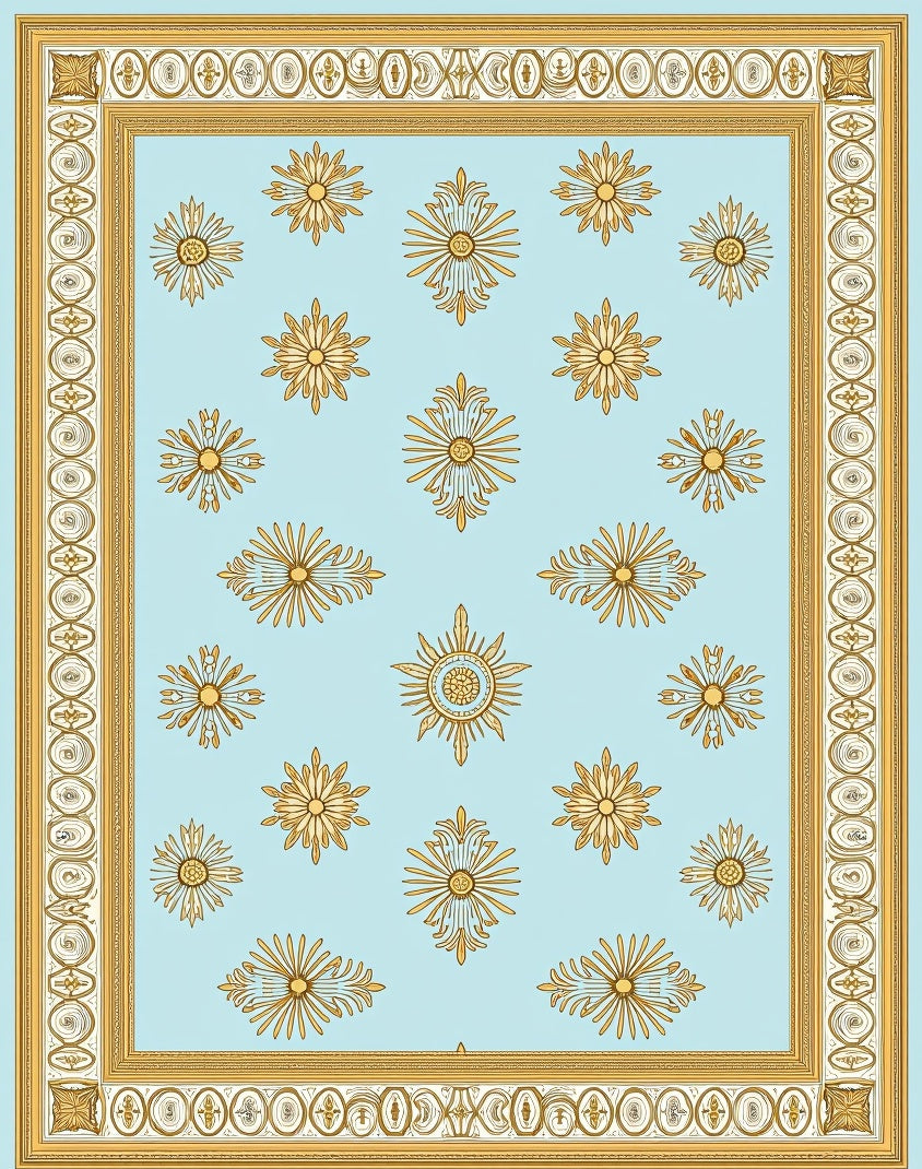 Pale Blue Golden Sunburst Medallion Border Rug