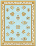 Pale Blue Golden Sunburst Medallion Border Rug
